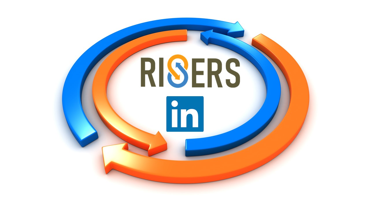 Two orange and two blue arrows forming two nested circles with RISERS and LinkedIn logos in the centre
